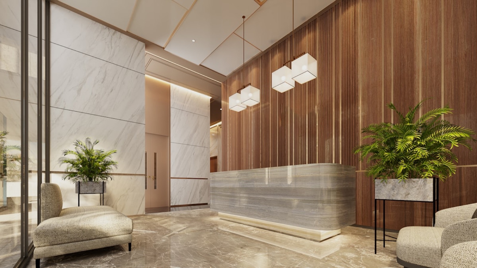 Luxury marble reception area maintained for a property management portfolio